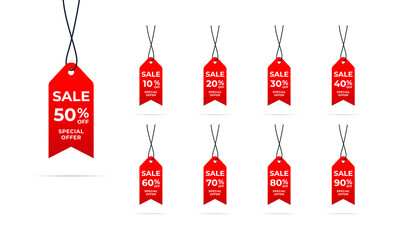 Sale tags set vector badges template, up to 10, 20, 90, 80, 30, 40, 50, 60, 70 percent off, vector illustration