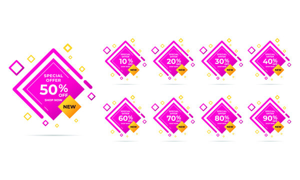 Sale tags set vector badges template, up to 10, 20, 90, 80, 30, 40, 50, 60, 70 percent off, vector illustration