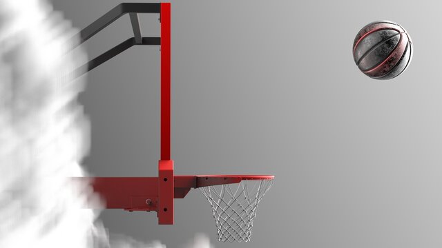 Scratched Metallic Black-Red Basketball and Basketball Goal Plate with dark brown toned foggy smoke background. 3D CG. 3D sketch design and illustration. 3D high quality rendering.