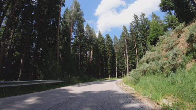 Drive on beautiful mountain roadway, trees with green foliage