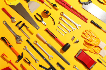 Set of construction tools on color background