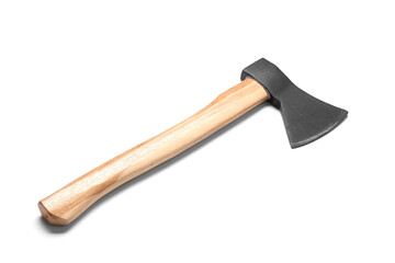 Ax with wooden handle on white background