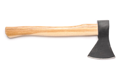 Ax with wooden handle on white background