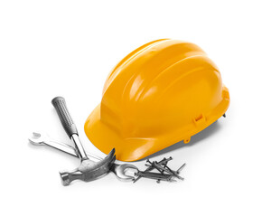 Modern construction tools on white background