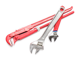 Modern construction tools on white background