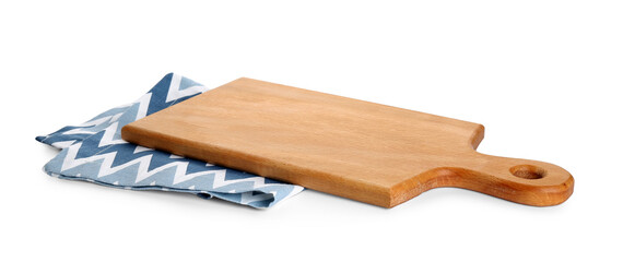 Wooden cutting board on white background