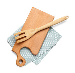 Wooden cutting board and spatula on white background