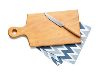 Wooden cutting board and knife on white background