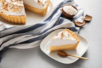 Plate with piece of tasty coconut pie on light background