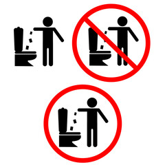 no trow paper in toilet sign. no toilet littering symbol. trash into toilet pictogram. flat style.