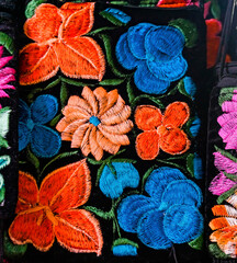 Colorful Mexican flower textiles, Oaxaca, Mexico.