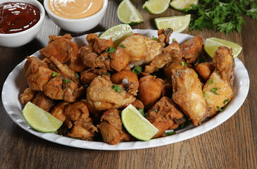 Portion of fried chicken with lemon. Lettuce, green onion, ketchup and mayonnaise