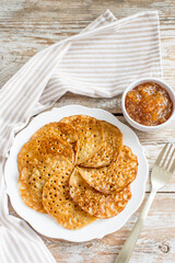 Homemade gluten-free pancakes made from rice, corn and buckwheat flour.