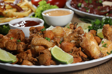 Portion of fried chicken with lemon. Lettuce, green onion, ketchup and mayonnaise