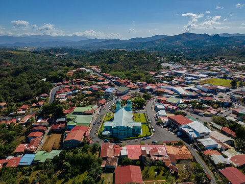Beautiful aerial view of the church, park and town of Sarchi - Costa Rica