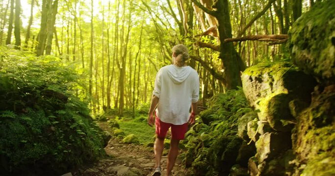 A tourist walks along a narrow pathway in the woods. Man wearing red shorts and white t-shirt strolling around dense forest. High quality 4k footage