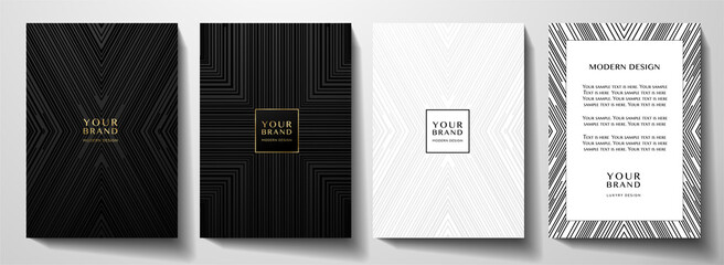 Modern black cover, frame design set. Luxury creative line pattern in premium colors: black, gold and white. Formal vector layout useful for notebook cover, business poster, brochure template