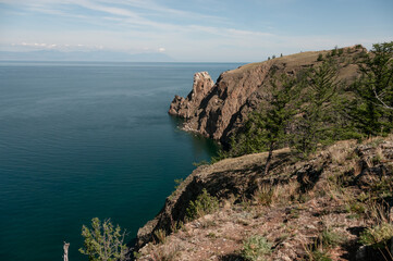 Fototapeta na wymiar Coastline of Lake Baikal Cape Khoboy Olkhon island in Siberia Russia summer day