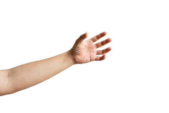 a hand holding something like a bottle or smartphone on white background, hand isolated on white background with clipping path.