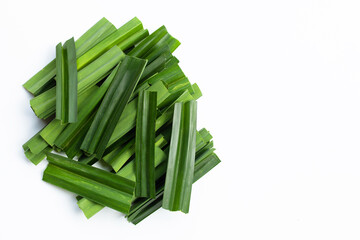 Fresh green pandan leaves on white