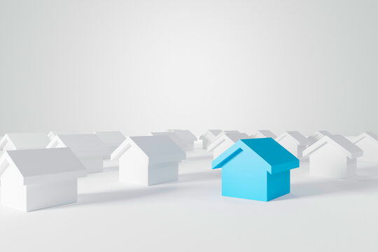 Miniature blue house in among white houses for real estate property industry. 3d illustration