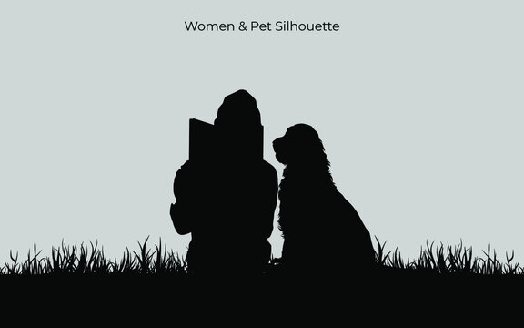 Pet care silhouette vector template. Pet lover concept. Women and dog. Eps 10. Isolated an object.