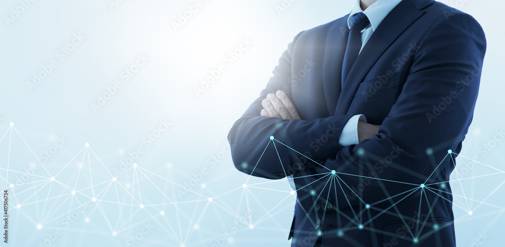 Poster businessperson looking confident with crossed arms. network structure and backlit.