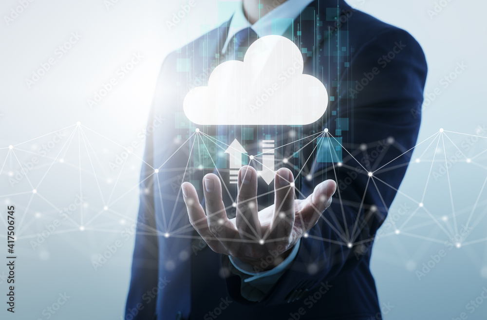 Poster Cloud computing and network technology. Businessperson, network structure and cloud icon.