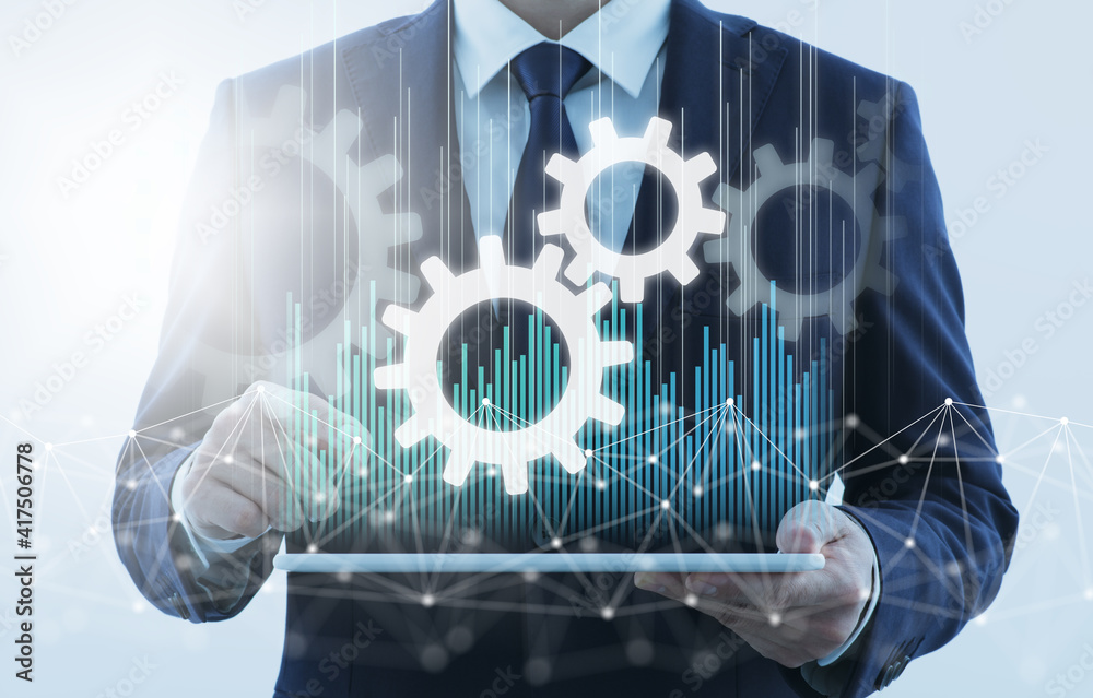 Fototapete Business process automation. Business person using tablet computer. Network structure and gear icons.