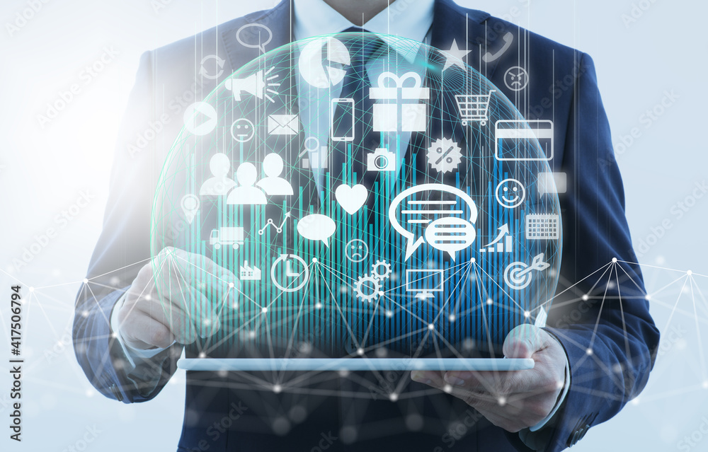 Poster Marketing and technology. Business person using tablet computer. Network structure and e-commerce icons.