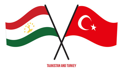 Tajikistan and Turkey Flags Crossed And Waving Flat Style. Official Proportion. Correct Colors.