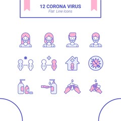 Corona covid19 virus icons flat line design vector. Hand washing flat line icon design vector. Stay home and keeping social distance. Colorful flat line icon