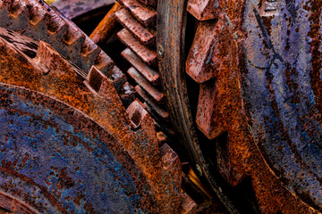 USA, Alaska, Chena Hot Springs. Detail of rusty gears.