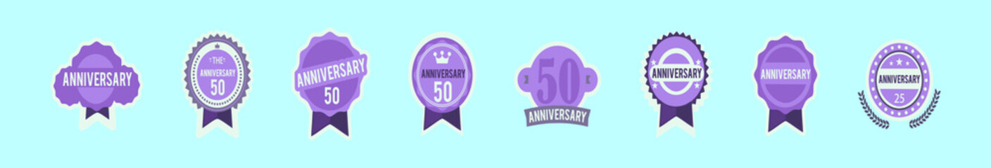 set of anniversary badges cartoon icon design template with various models. vector illustration isolated on blue background