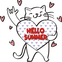 Hello Summer with cute cat, vector illustration.Trendy illustration. Tropical cat. Animal exotic. Element for print design, greeting card, posters, party decorations.
