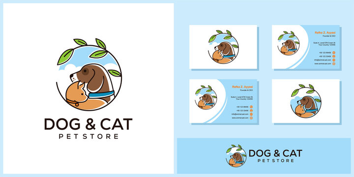 Vector Pet Shop logo design template. Modern animal icon label for store, veterinary clinic, hospital, shelter, business services. Flat illustration background with dog and cat.
