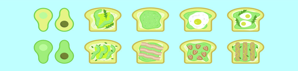 set of avocado toast food cartoon icon design template with various models. vector illustration isolated on blue background