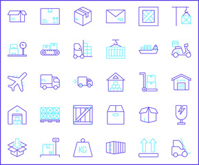Set of logistics and delivery icons line style. It contains such Icons as box, shopping, commerce, retail, trade, merchandise, container, vehicle, truck and other elements. 