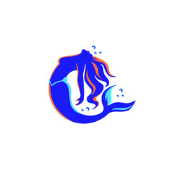 Beautiful mermaid logo illustration. Sea underwater fantasy 
creature with tail and decorative long hair.
