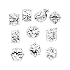 Starry night set badge vector. Starry view with mountain illustration.