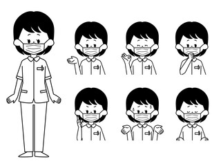 マスクをしている看護師の表情セット-白黒