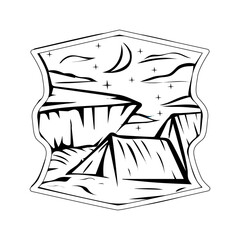 Starry night Tent badge vector. Starry view with mountain illustration.