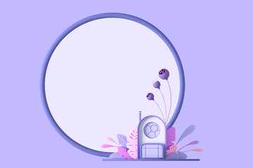 Abstract cartoon fairy-tale tiny cozy house in pastel colors on a background of fantastic stylized plants, ferns, trees and grasses with a frame circle, round border for a copy space. 3d illustration