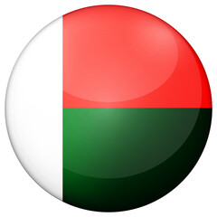 Fototapeta premium Glass light ball with flag of Madagascar. Round sphere, template icon. National symbol. Glossy realistic ball, 3D abstract vector illustration highlighted on a white background. Big bubble.