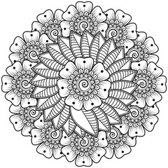 Mehndi flower decoration in ethnic oriental, indian style. doodle ornament. outline hand draw illustration. coloring book page.
