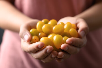 Yellow tomatoes holding by woman hand, Organic vegetables