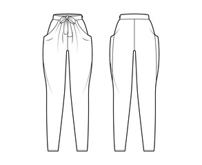 Harem pants technical fashion illustration with bow, normal waist, high rise, slash pockets, draping front, full lengths. Flat bottom apparel template back, white color. Women, men, unisex CAD mockup