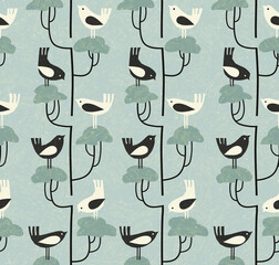 Materiał do szycia Cute mid-century style seamless pattern with birds standing on shrubs. Fresh design for fabric, gift wrap, backgrounds and home decor.