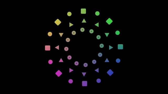 An animation of colourful shape array on dark background.