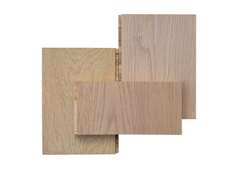 set of different color engineering flooring or laminated parquet plank isolated on white background with clipping path. light oak tone of laminated flooring sample.